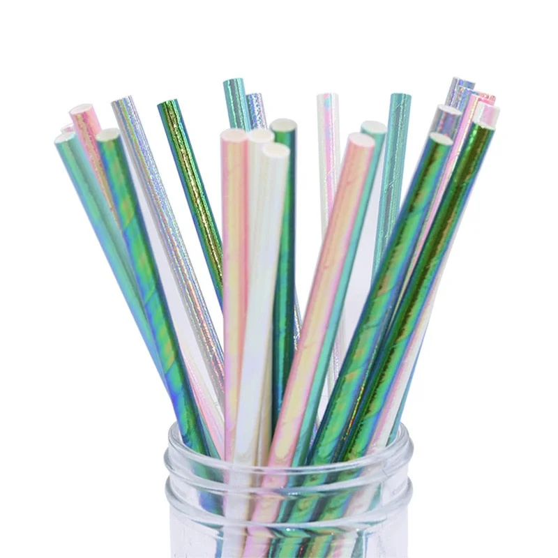 25Pcs Rainbow Iridescent Paper Straws for Baby Shower Wedding Birthday Party Decoration Supplies Mix Paper Drinking Straws