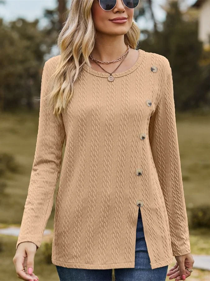 Women's Buttons Stitching Solid Color Long Sleeve Scoop Neck Top