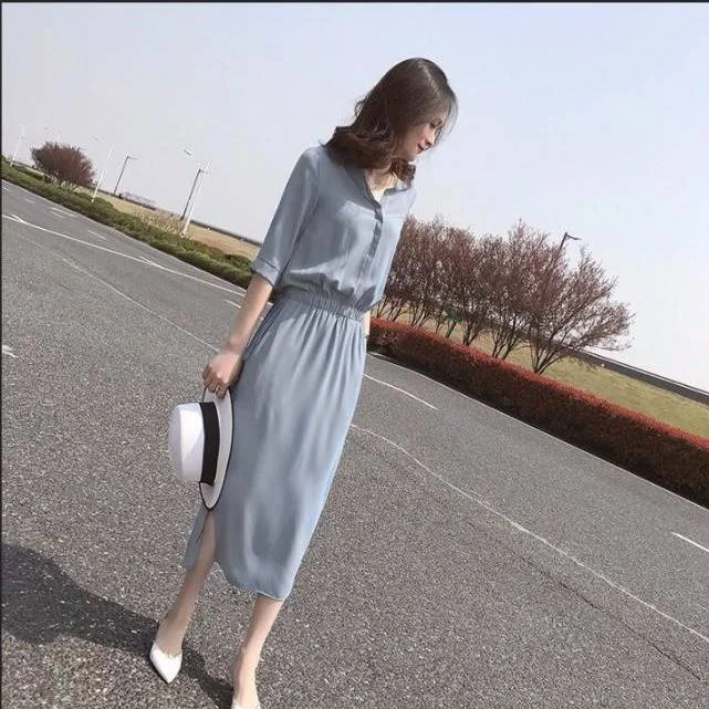 Dress Women Solid Elastic High Waist Summer Casual Midi Dresses Office Lady Retro Elegant Slim Loose Large Size 3XL Chic Trendy