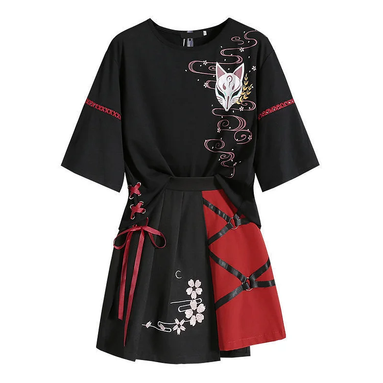 Vintage Sakura Fox Print Lace Up T-Shirt Skirt Set - Modakawa Modakawa
