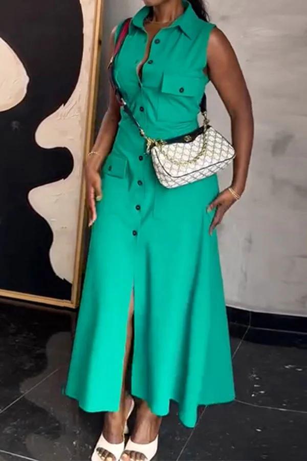Solid Color Shirt Collar Relaxed Pocket Single Midi Dress