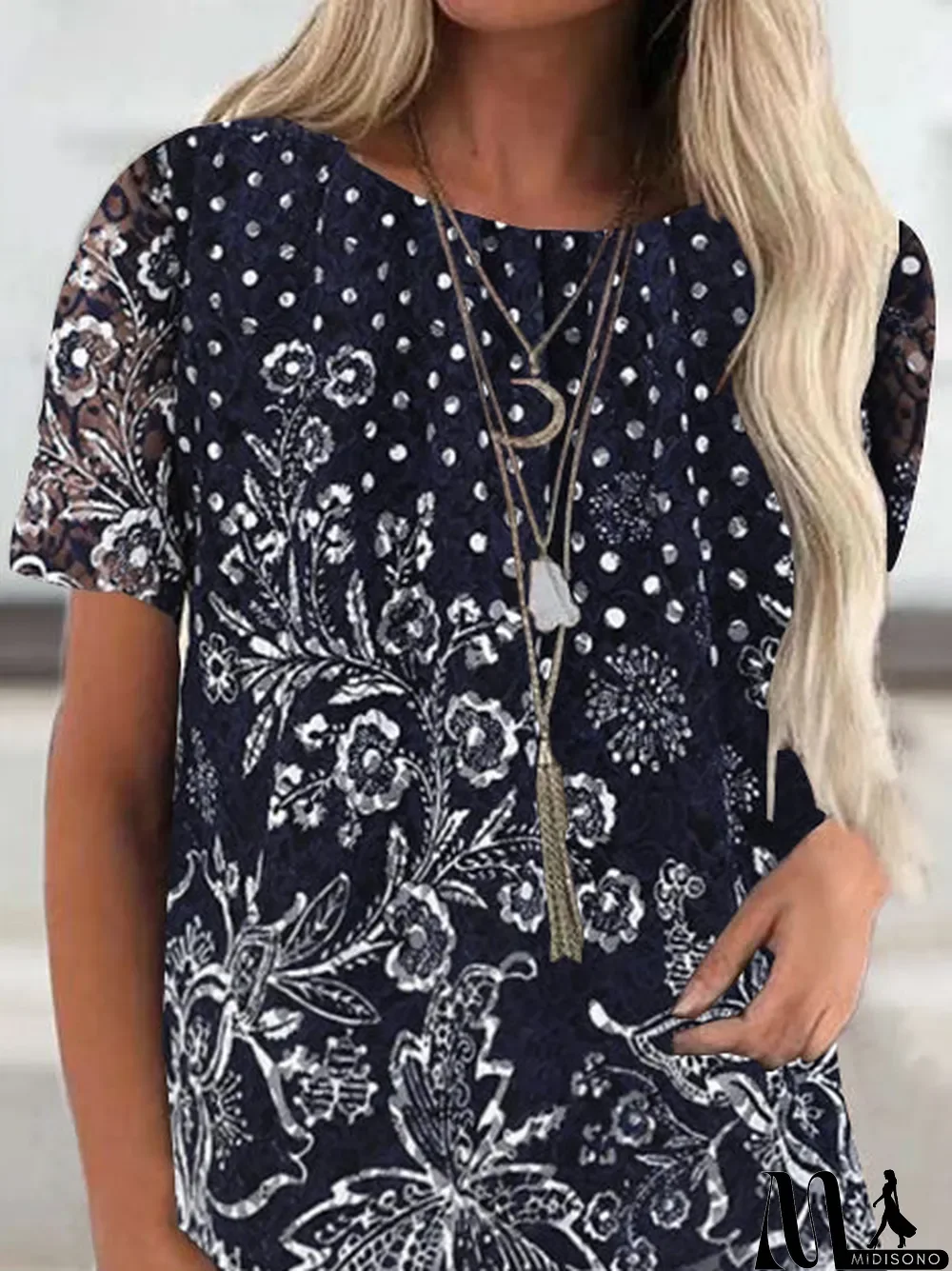MidiSono - Women Casual Short Sleeve Scoop Neck Floral Printed Top