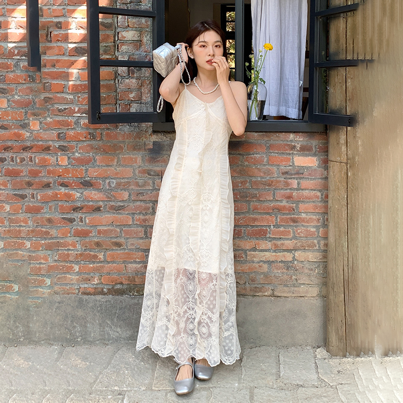 LACE PATTERN EMBROIDERED SLING DRESS