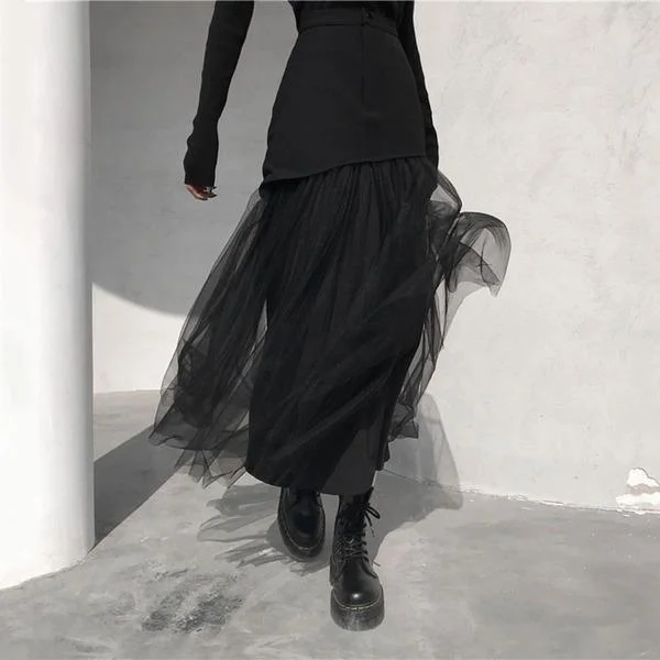 Temperament Black Patchwork Pleated Tulle Skirt