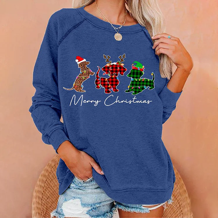 Wearshes Christmas Dog Print Crew Neck Casual Sweatshirt