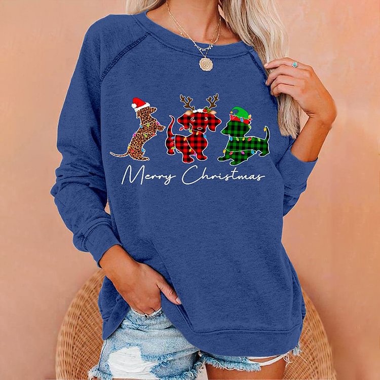 Vefave Christmas Dog Print Crew Neck Casual Sweatshirt