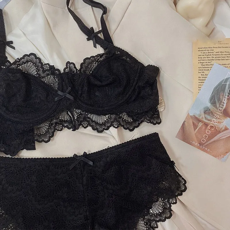 Sexy lace ultra-thin lingerie big breasted underwear female temptation large size thin bralette gather bra panty set