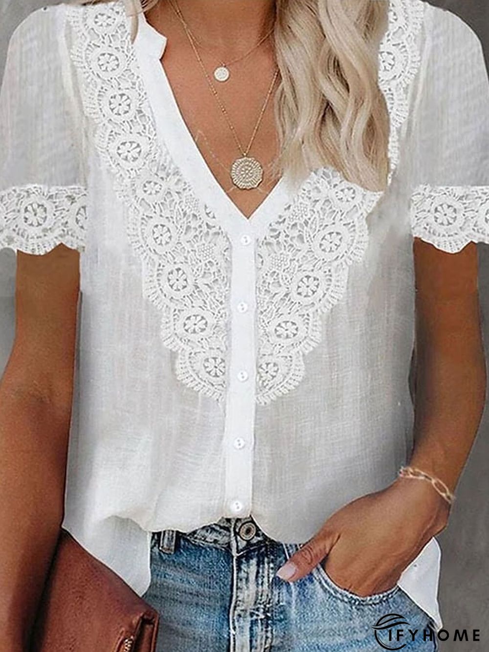 Womens Shirt Blouse Black White Pink Plain Lace Patchwork Short Sleeve Daily Weekend | IFYHOME