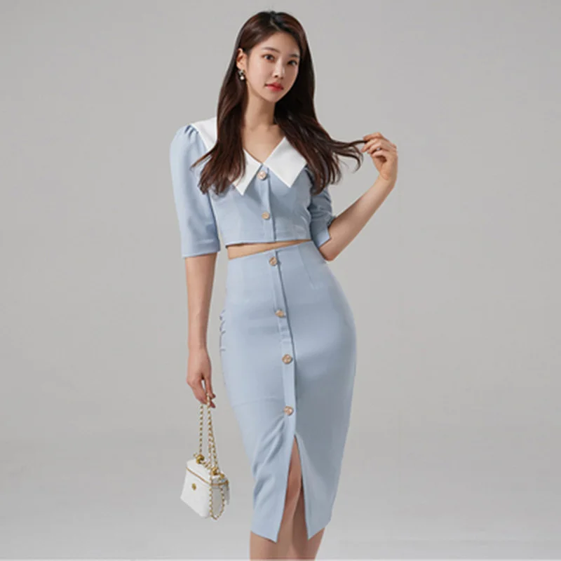 Brownm Spring New 2 Pieces Set Women V-neck Short Sleeve Top And Single Breasted Sheath Fork Occupation Skirt Suit