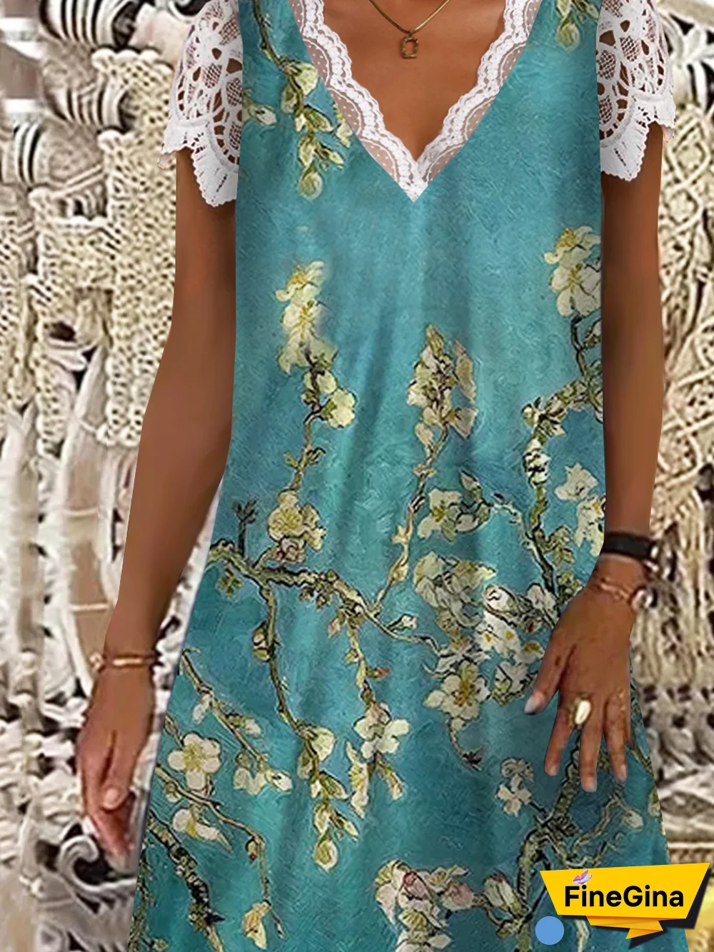 Vacation Floral Color Block V Neck Loosen Midi Short Sleeve Knit Dress