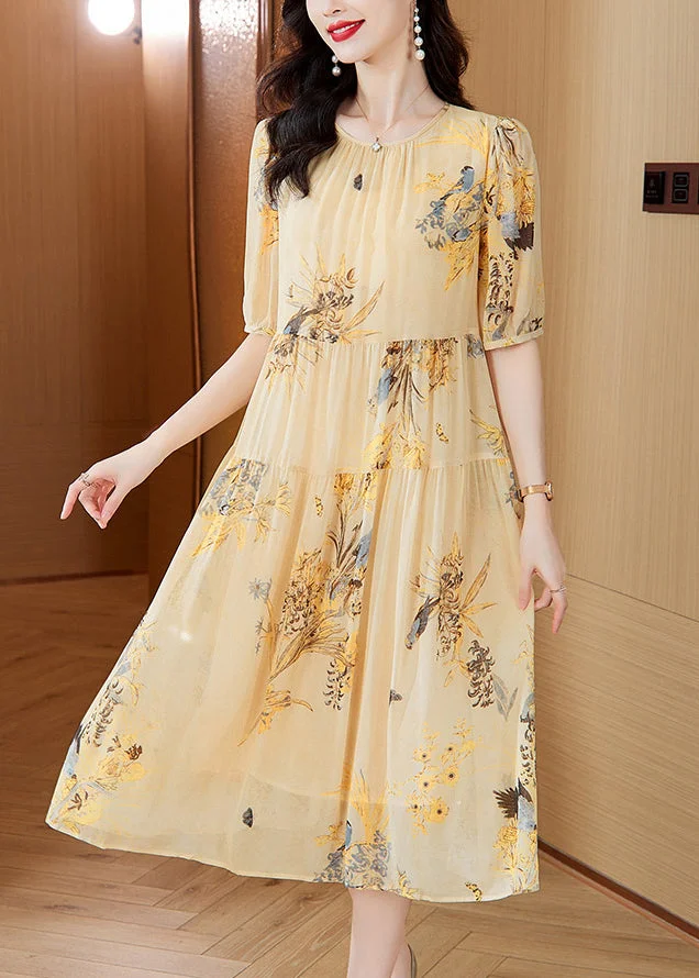 Boutique Yellow O Neck Print Wrinkled Lace Up Silk Dress Summer