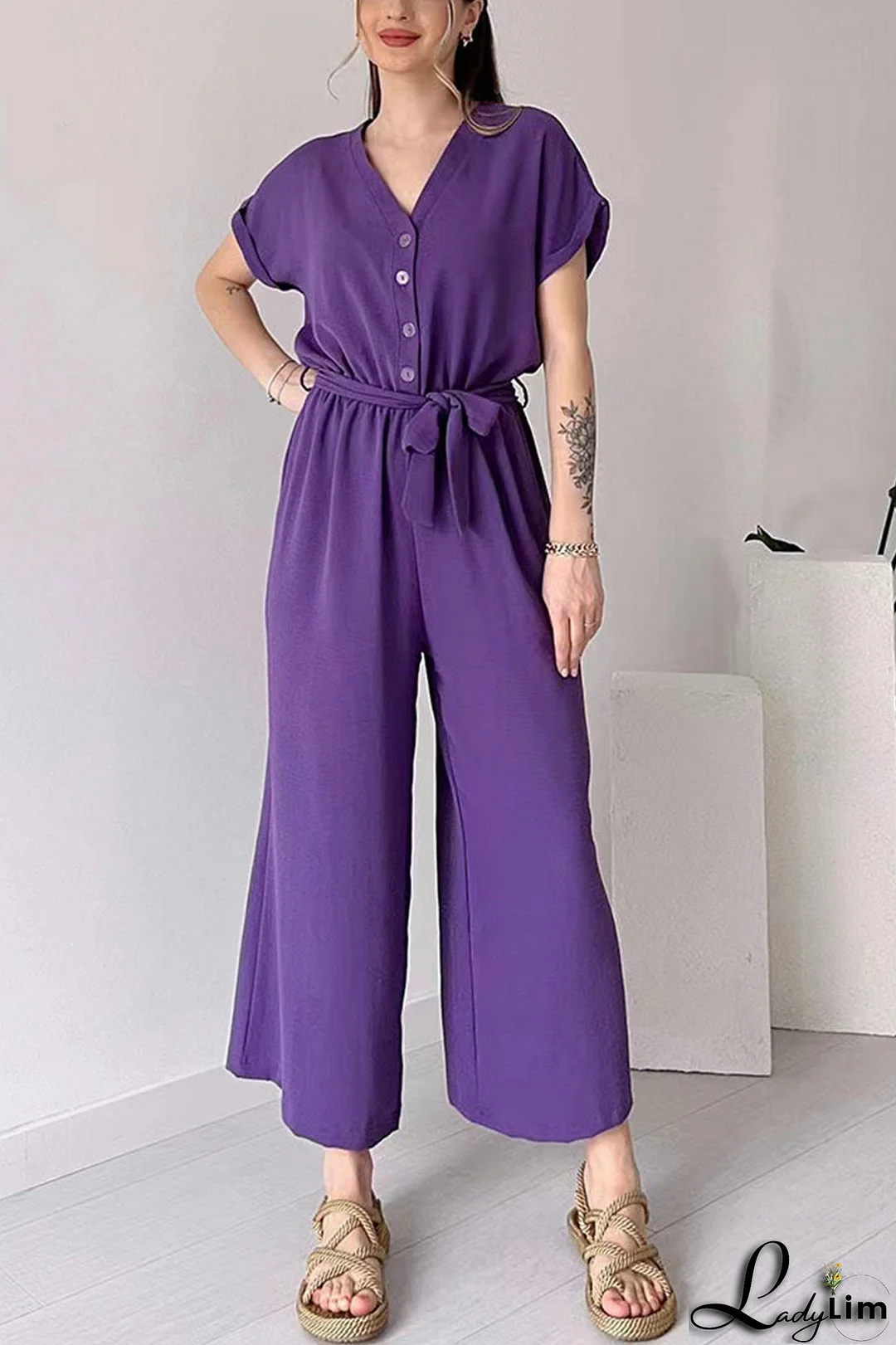 Short Sleeve Single-breasted Waisted Jumpsuits