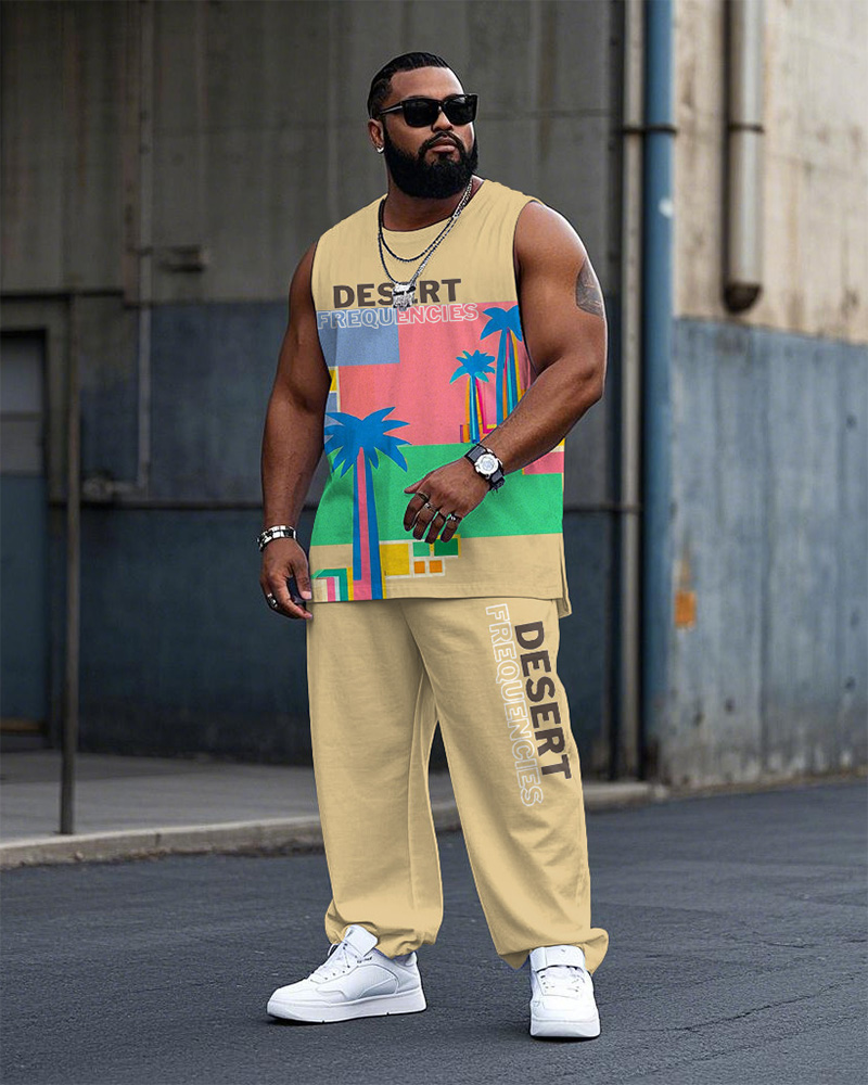 Men's Plus Size Street Fashion Coconut Tree Colorblock Desert Frequencies Letter Print Tank Top Trousers Suit