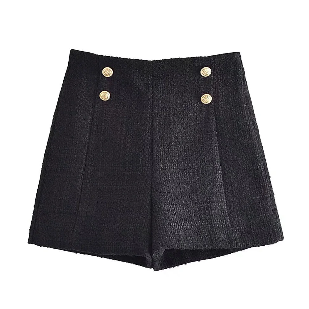 TRAF Women Fashion Front Metal Buttons Tweed Shorts Vintage High Waist Side Zipper Female Short Pants Mujer