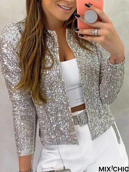 Women's Jackets Shiny Long Sleeve Crop Jacket