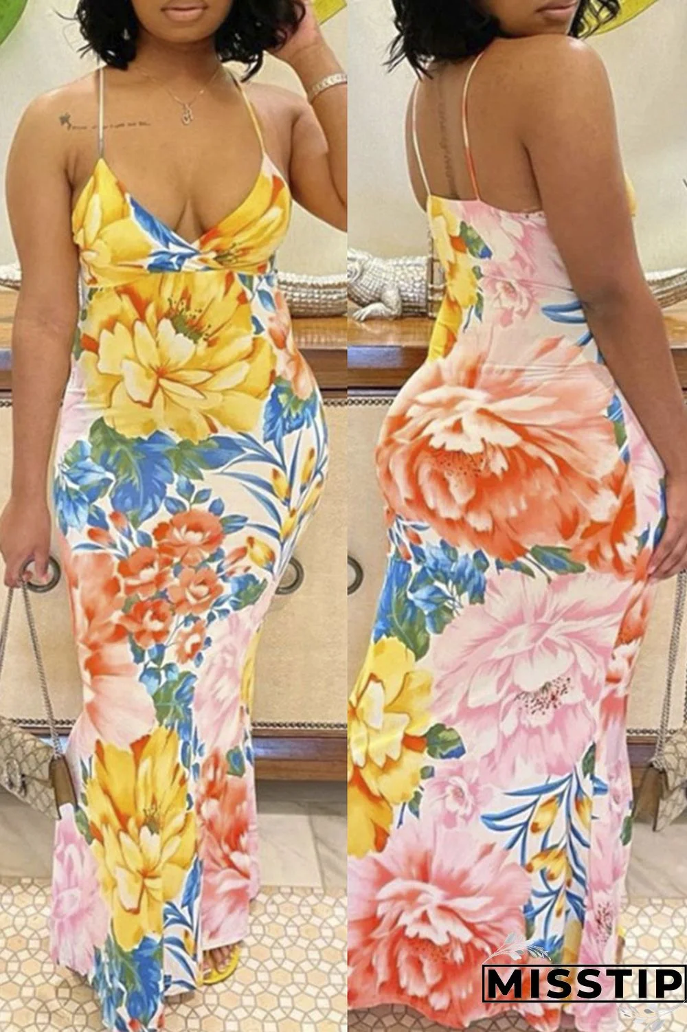 Yellow Fashion Sexy Print Backless Spaghetti Strap Sleeveless Dress