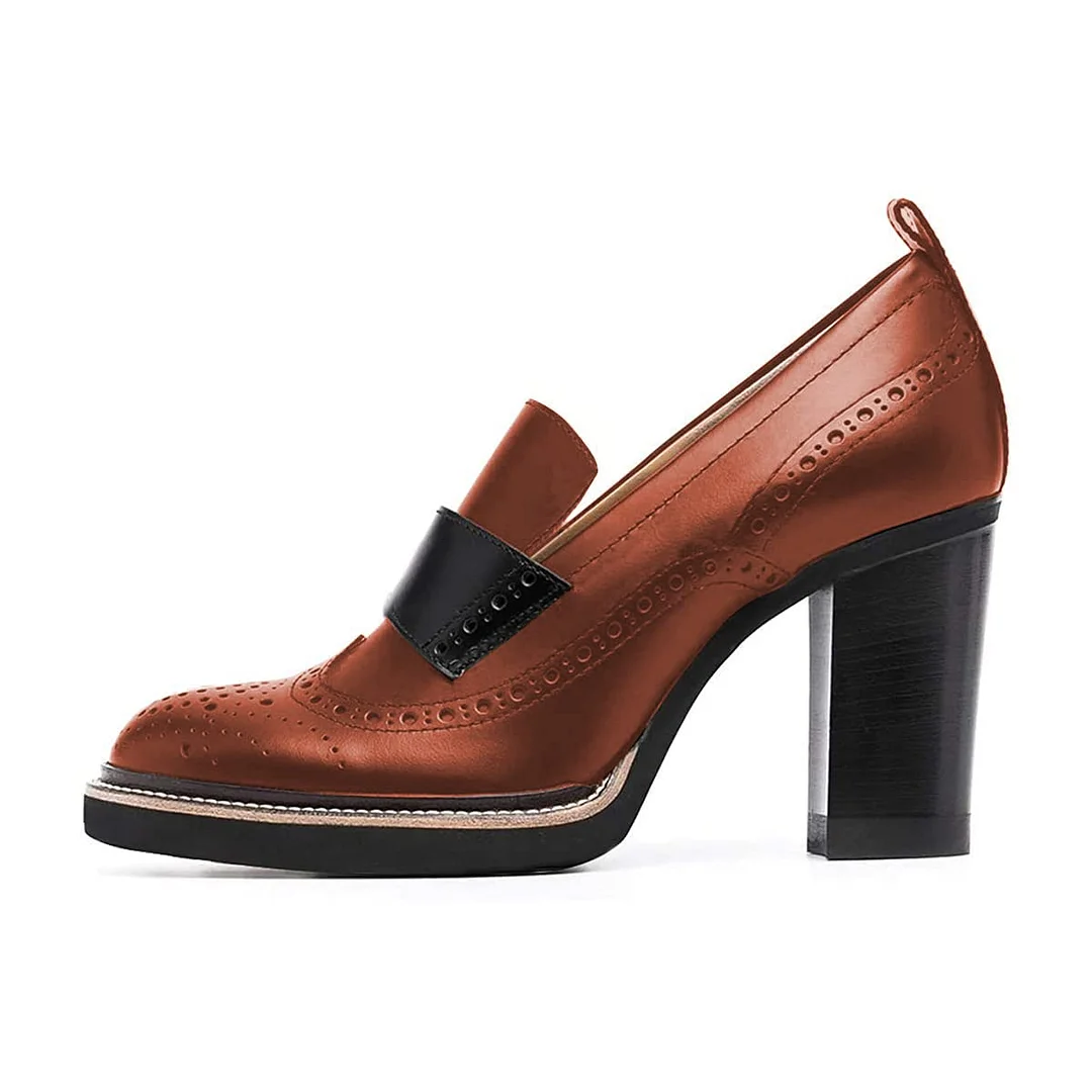 Round Toe Perforated Detail Chunky Heeled Loafers Women in Brown