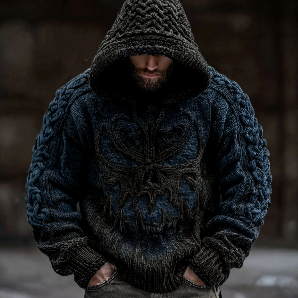 Men's Viking Devil Face Celtic Knot Jacquard Knit Hooded Sweater  artssus
