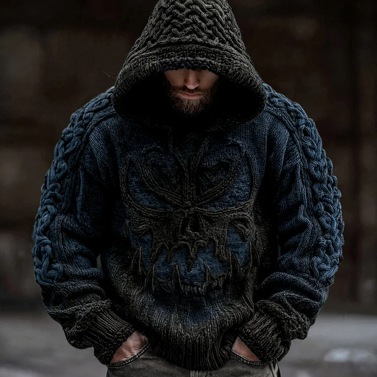 Men's Viking Devil Face Celtic Knot Jacquard Knit Hooded Sweater