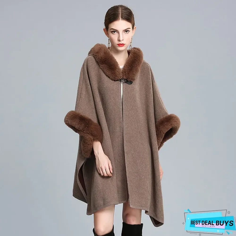 Autumn and Winter Fur Collar Hooded Shawl Cloak Large Size Woolen Coat Loose Cardigan Women