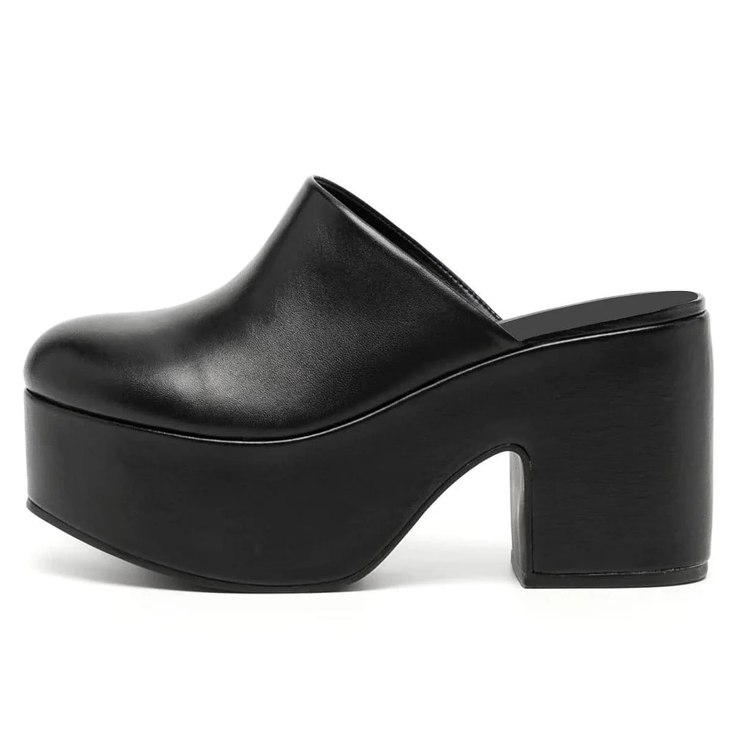 Vegan Leather Closed Round Toe Block Heel Platform Black Mules