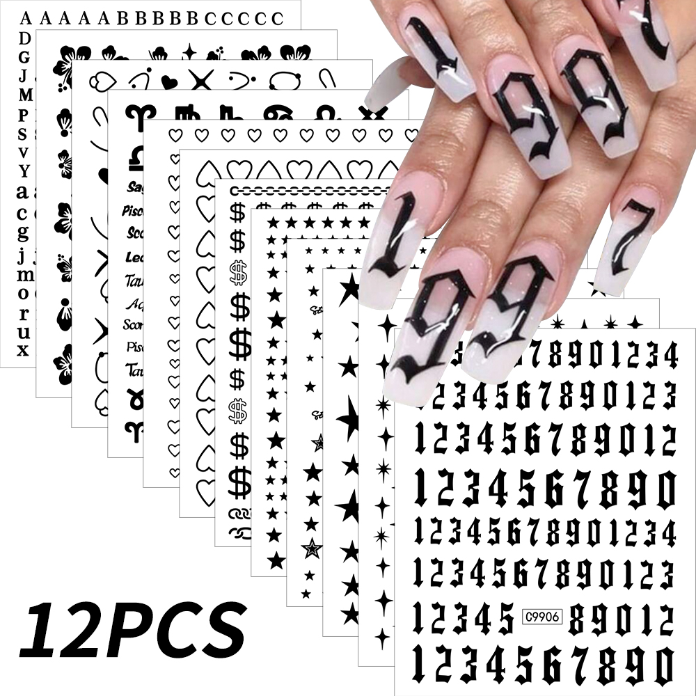 Bonusgor 12Pc Constellation Nail Stickers Pisces Aries Scorpio Alphabet Symbol 3D Bronzing Nail Art Sticker Self Adhesive Manicure Decals