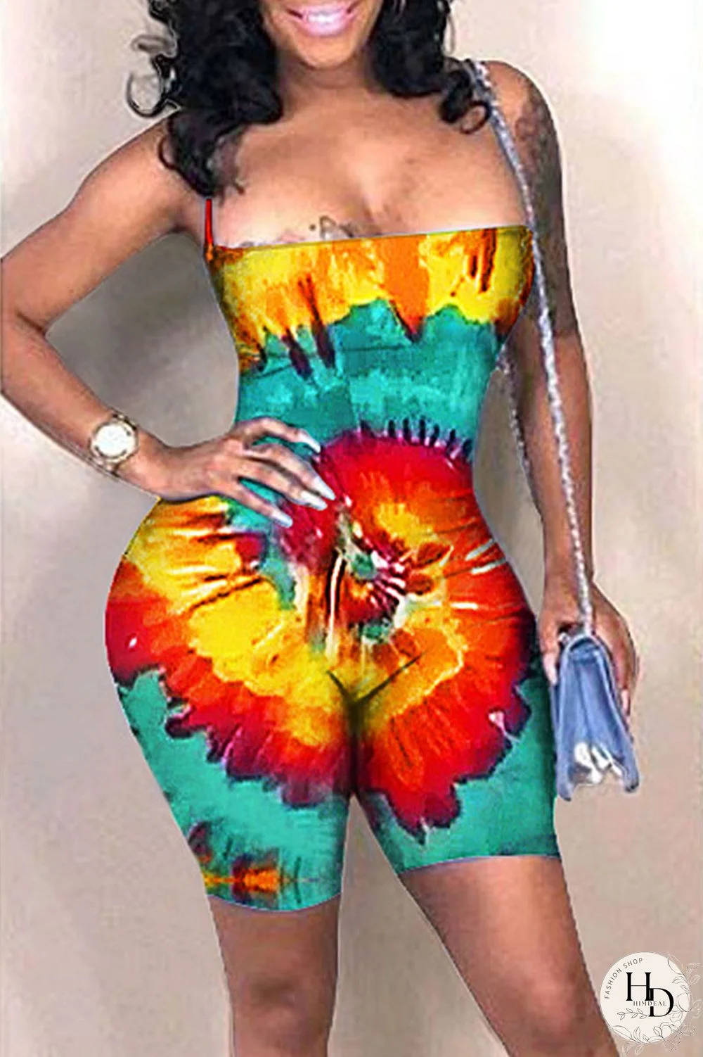 Orange Sexy Fashion Tie-dyed Coloured drawing bandage Sleeveless Wrapped Rompers