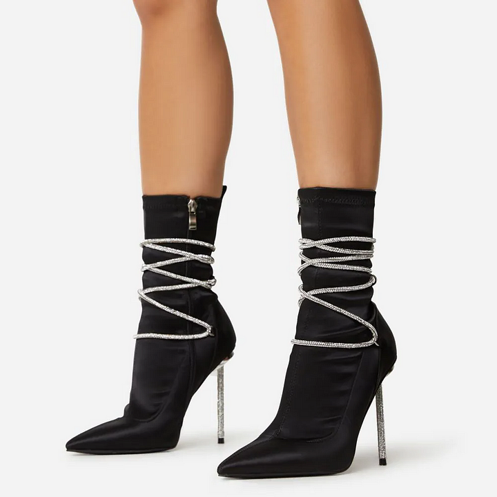 Women's Black Pointed Toe Decorative Strappy Stiletto Heel Sock Boots Nicepairs