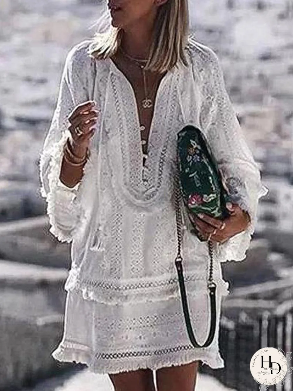 V-neck Solid Tassel Long Sleeve Lace Vacation Dress P16353