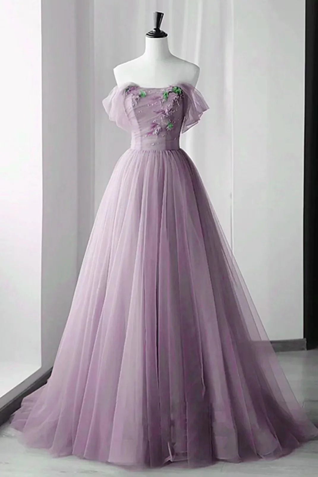 Lilac Off-The-Shoulder Beadings Appliques Evening Dress With Tulle ED0373