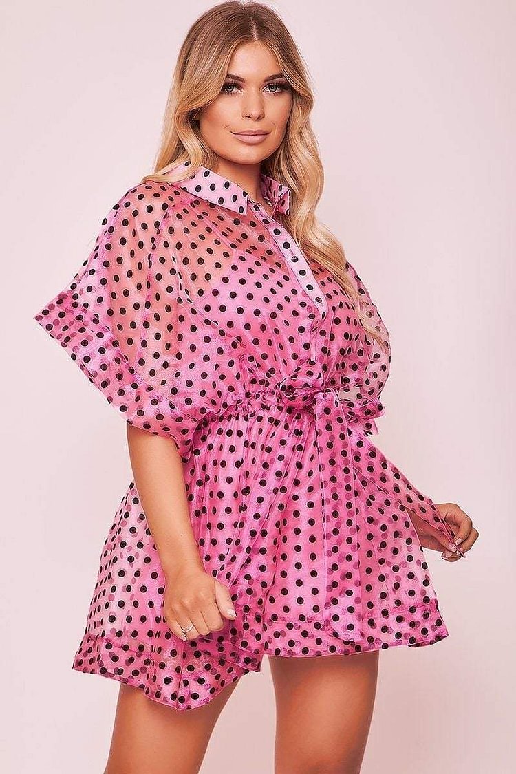 pink polka dot mesh dress