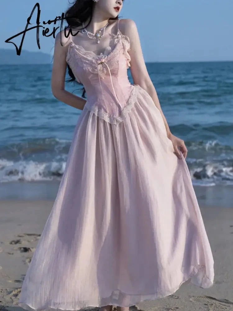 Aiertu France Vintage Sexy Dresses Women Elegant Party Midi Dresses Female Beach Patchwork High Waist Fashion Retro Dress Summer Aiertu
