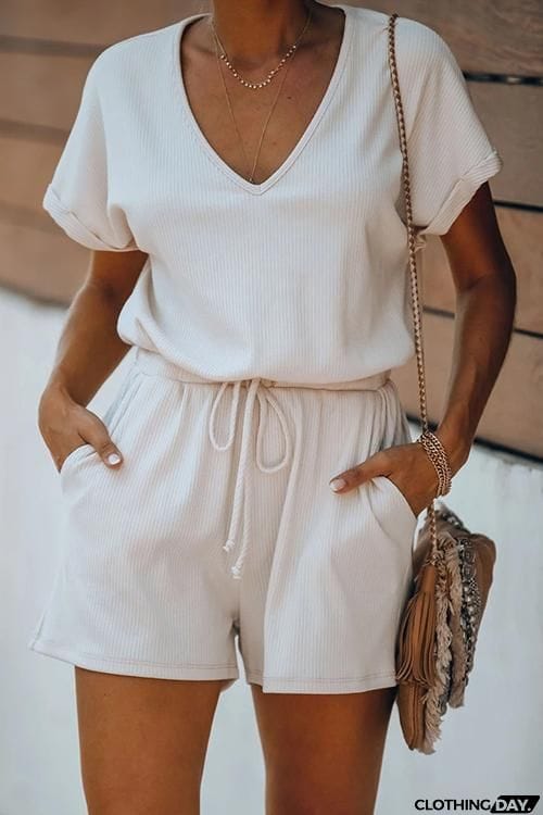 V Neck Pockets Drawstring Romper