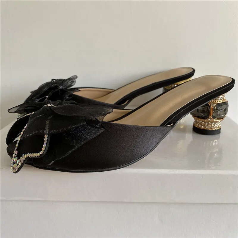 VCSHOES Diamond Air Mesh Butterfly-Knot Sandals Women Satin Slingbacks Rhinestone Heel Mules For Girls