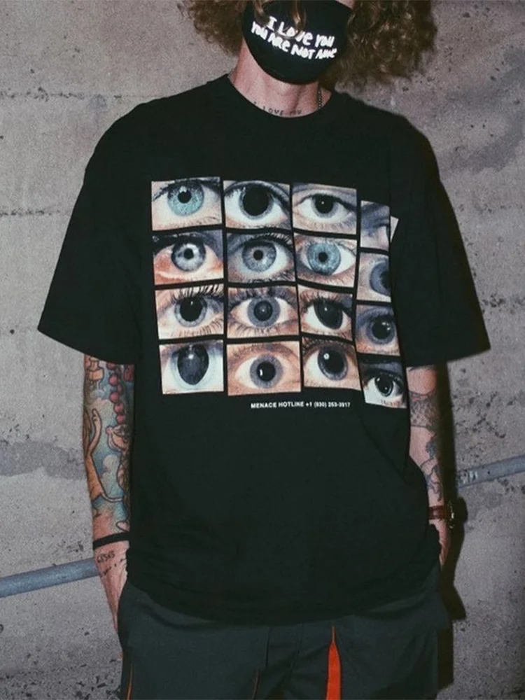 Vintage Eye Print Short-Sleeved T-Shirt High Street Loose Half-Sleeved Top at Hiphopee