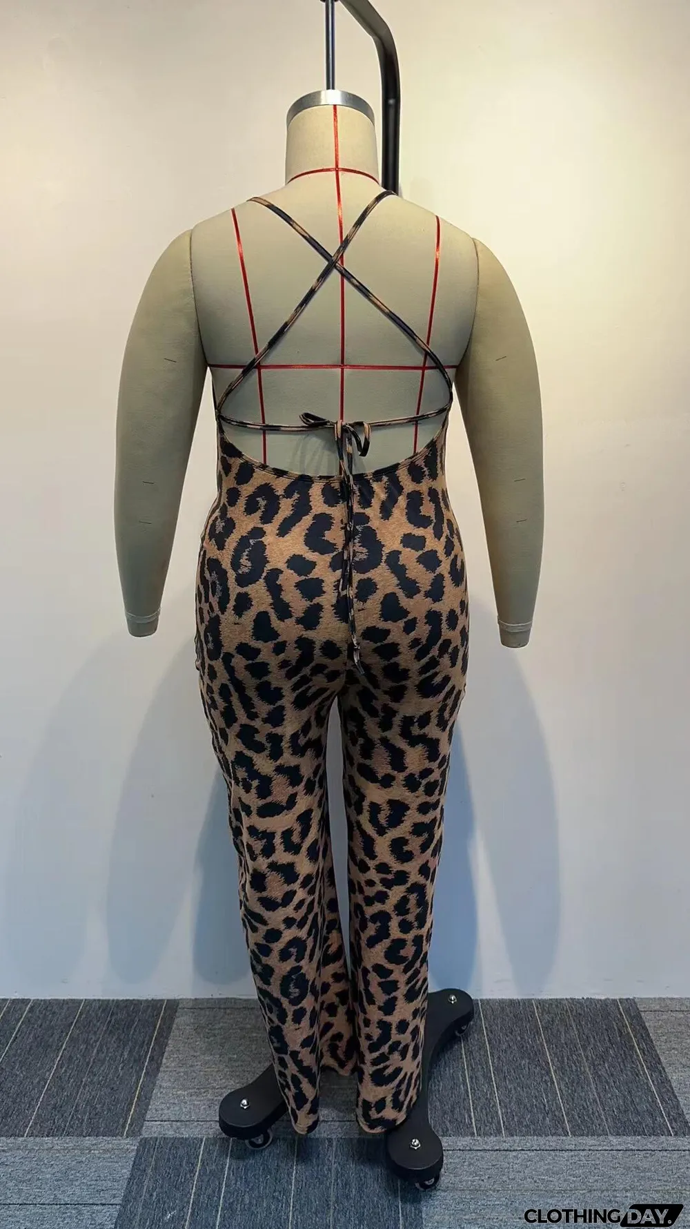 Plus Size Leopard Print Backless Bandage Jumpsuit