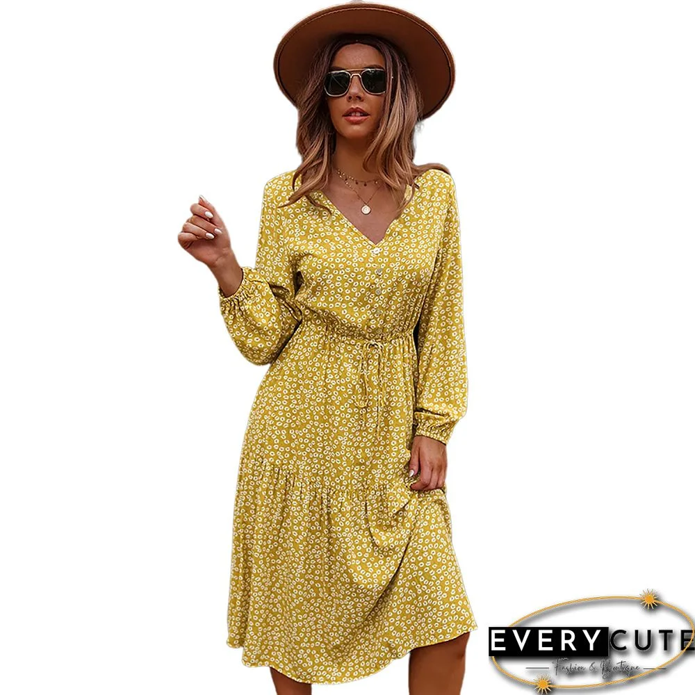 Yellow Floral Print V Neck Long Sleeve Dress