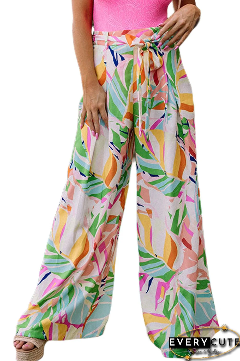 Multicolor Tropical Leafy Print Belted Wide Leg Pants