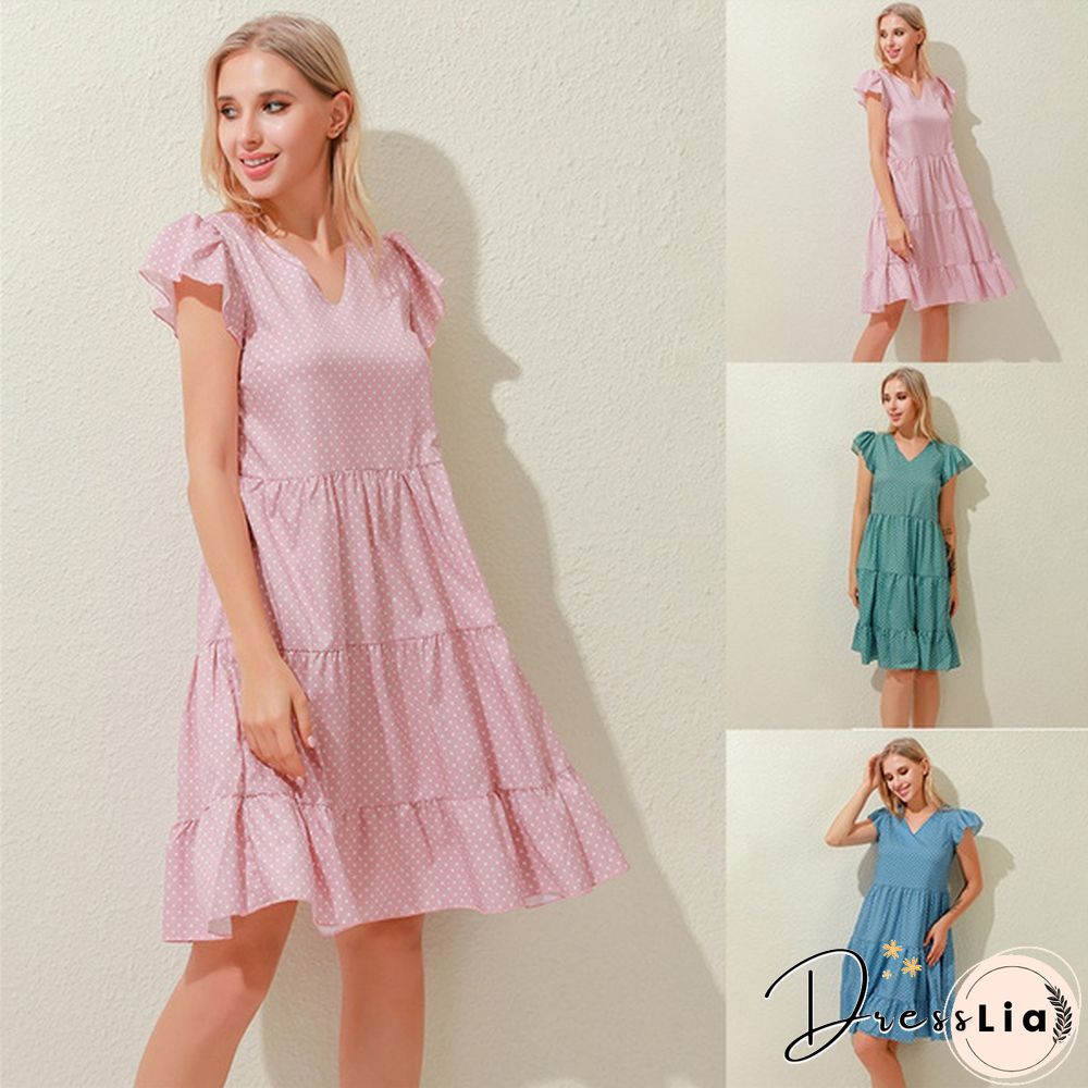 Summer Sundress Women Ruffles Sleeves V-Neck Dot Boho Vest Multi-Layer Connection Hem