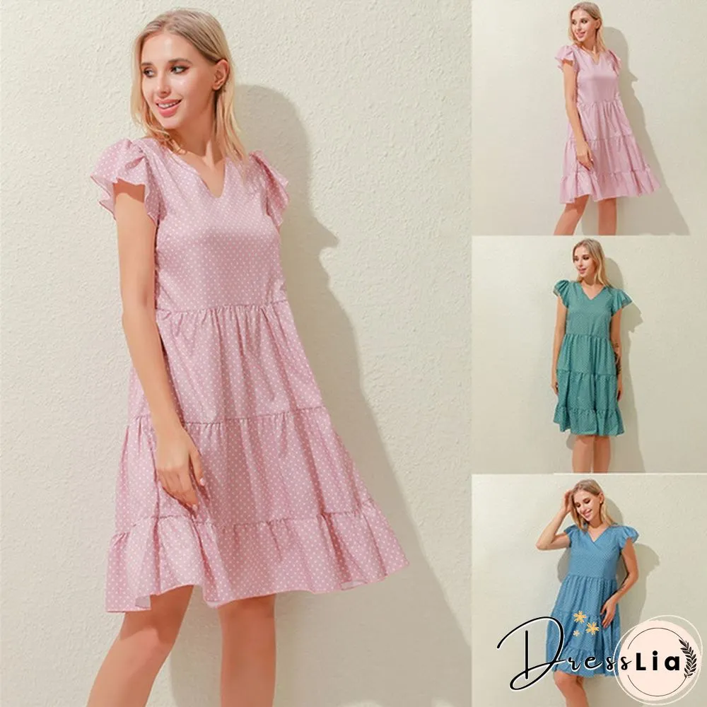 Summer Sundress Women Ruffles Sleeves V-Neck Dot Boho Vest Multi-Layer Connection Hem