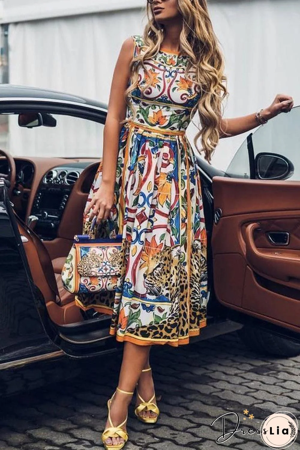 Mid A-Line Printed Sleeveless Dress