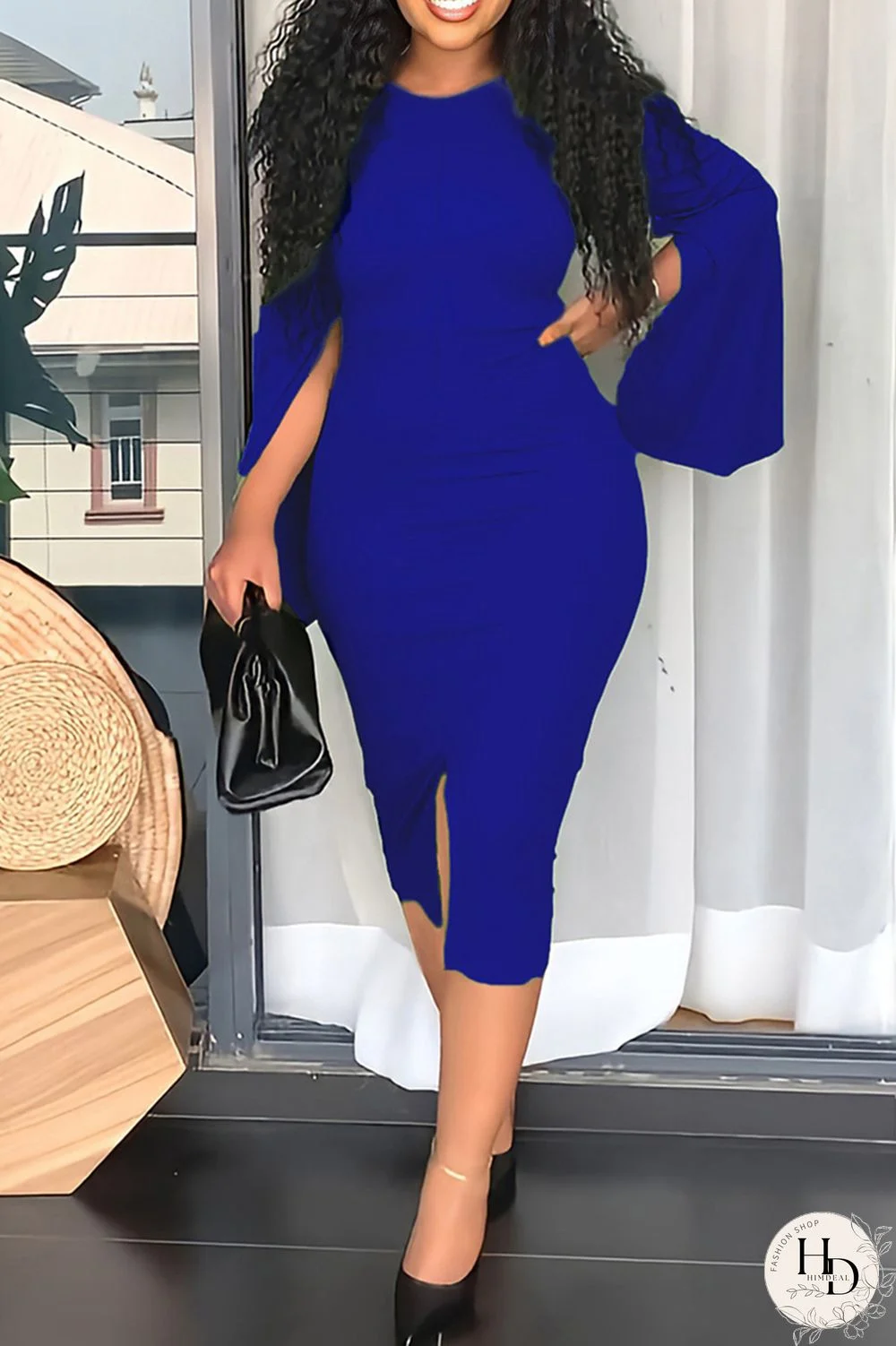 Blue Fashion Casual Solid Patchwork Slit O Neck Long Sleeve Dresses