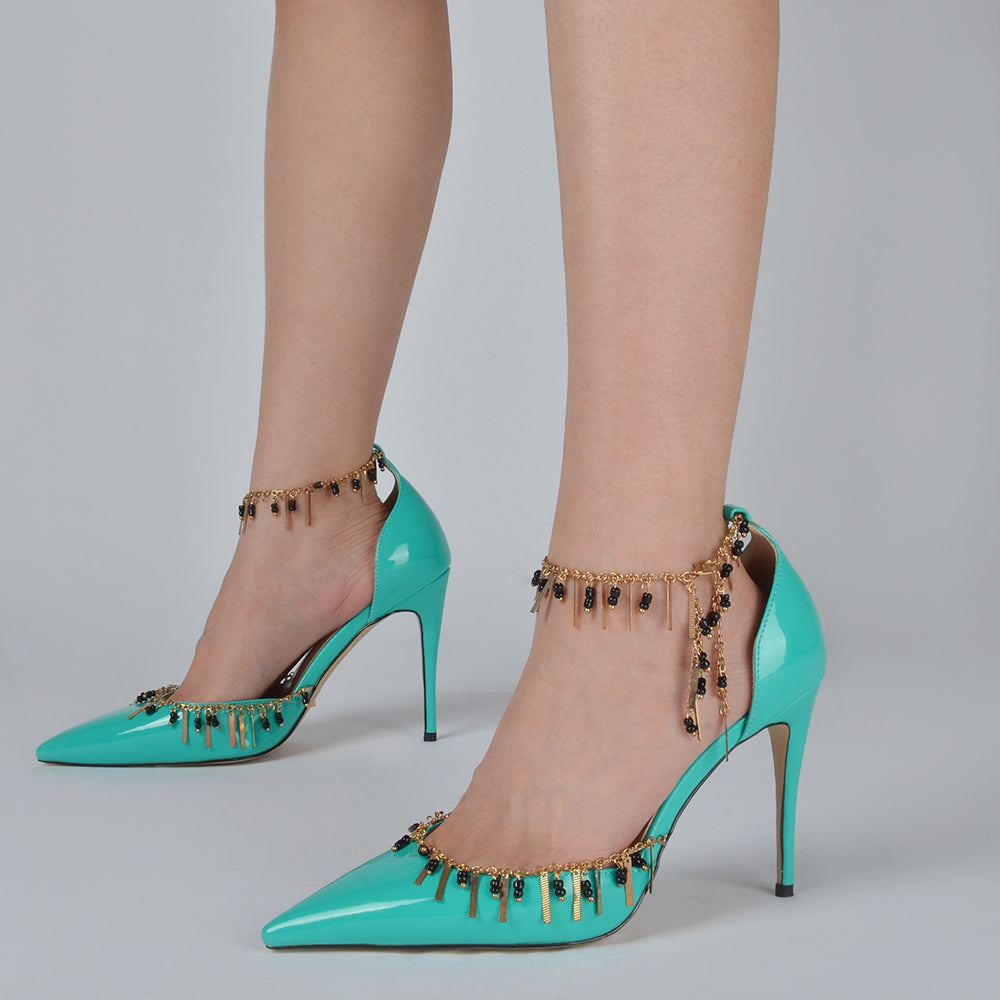 Teal Patent Leather D'orsay Pumps Anklet Stiletto Heels For Festival