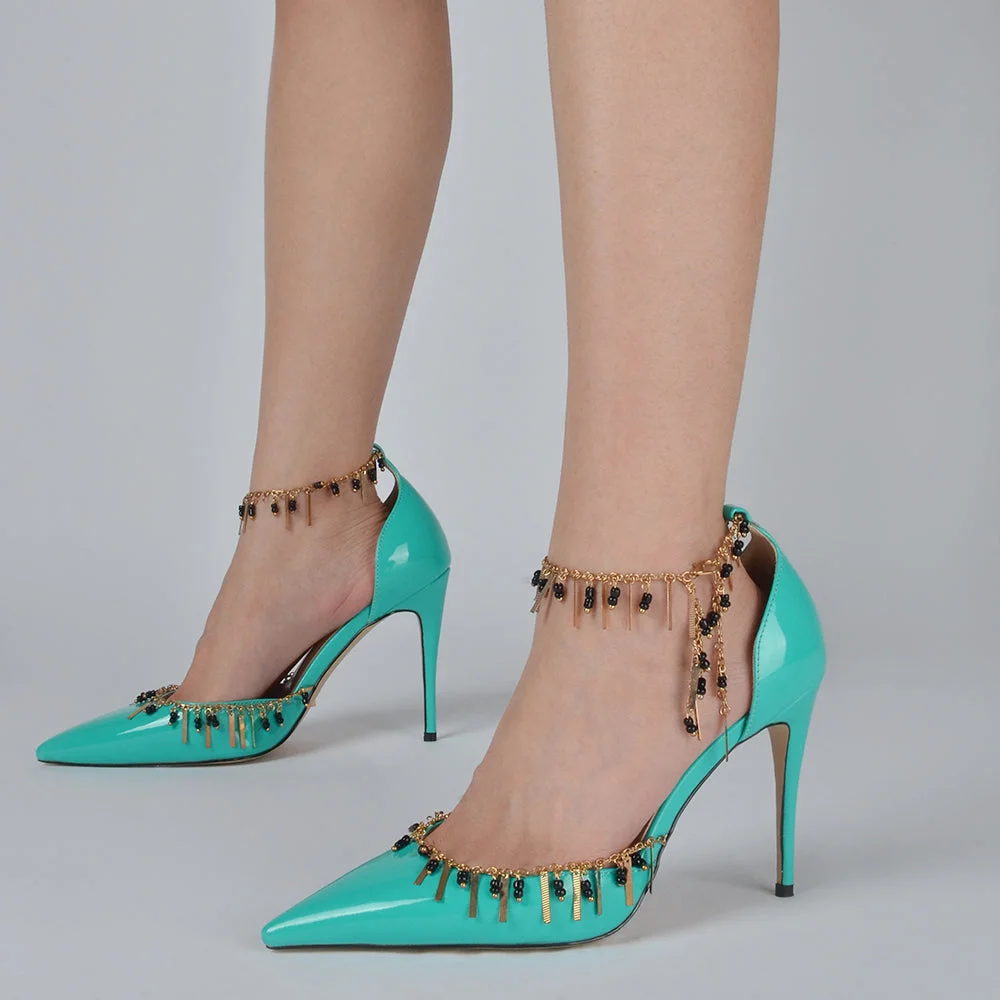 Teal Patent Leather D'orsay Pumps Anklet Stiletto Heels For Festival