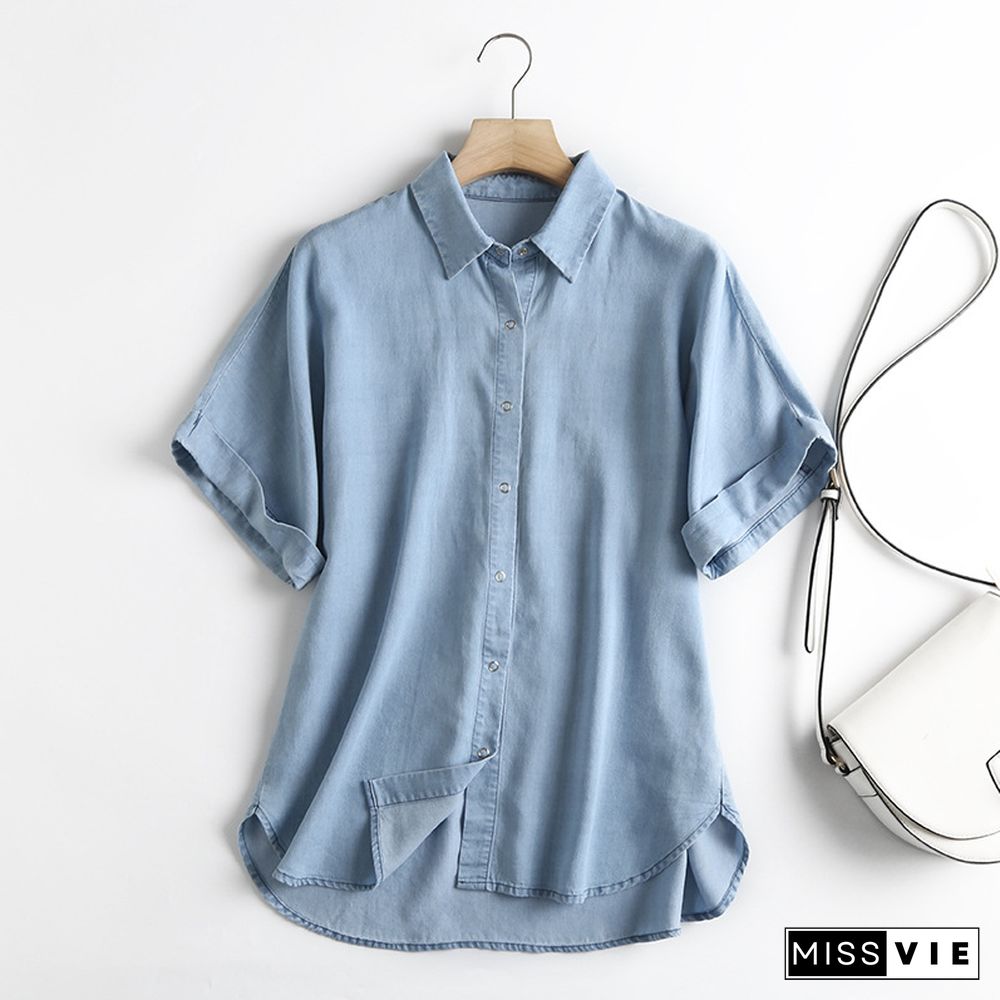 Blue Buttoned Short Sleeve V Neck Tops