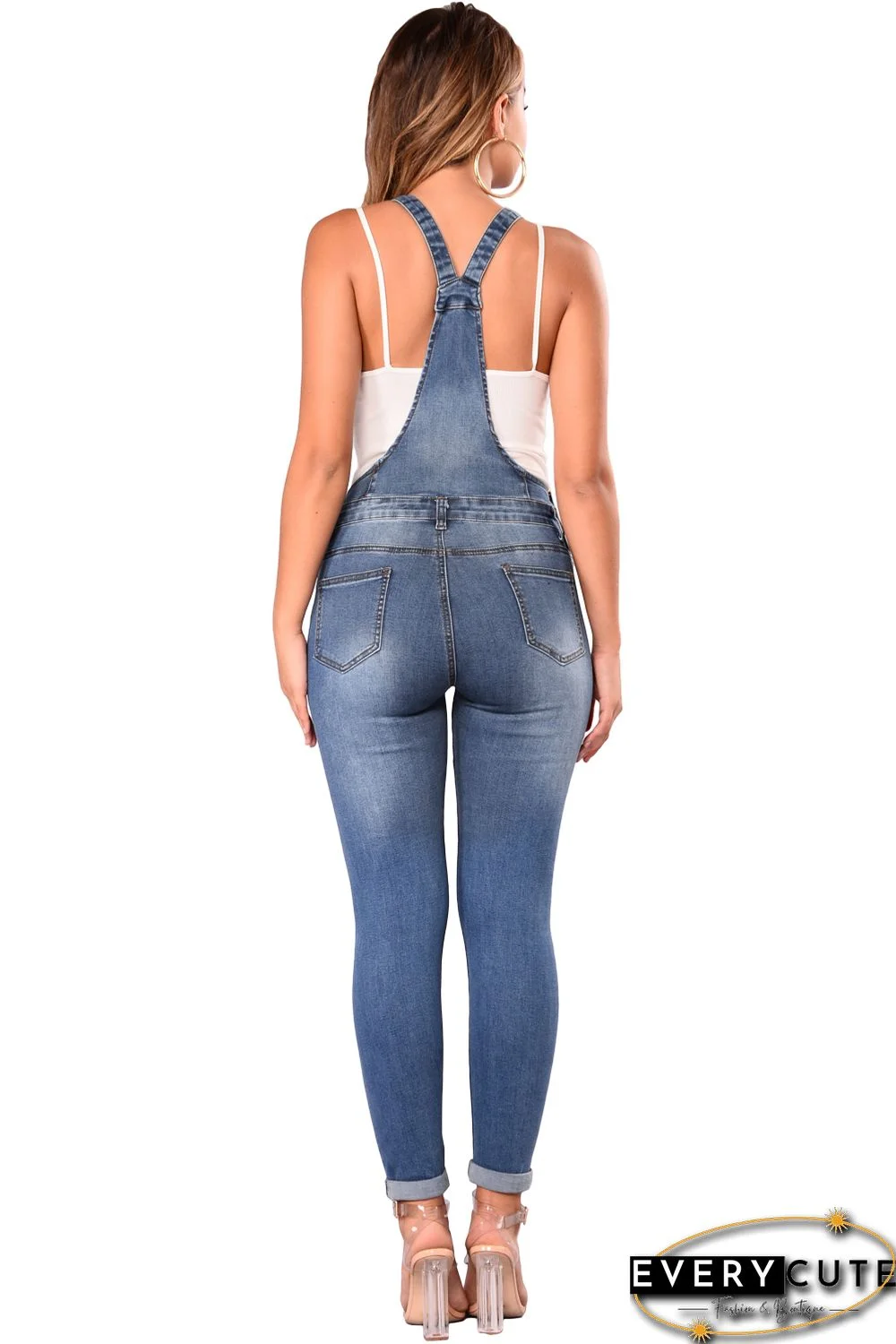 Medium Blue Wash Knee Slit Denim Overalls