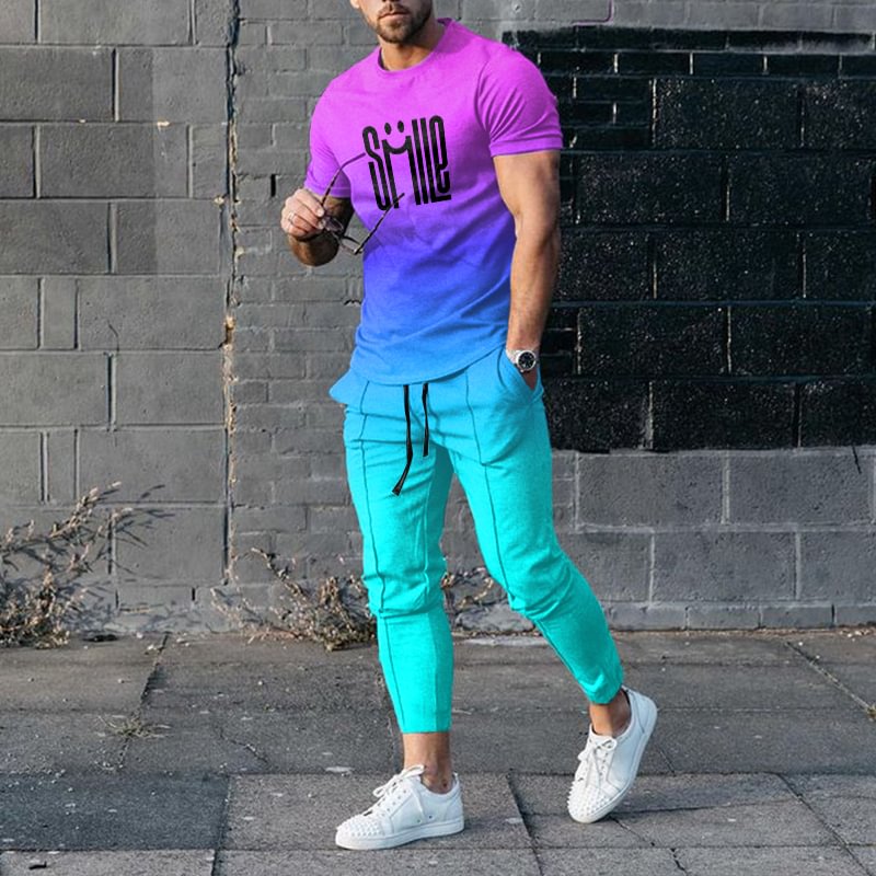 Blue Purple Gradient T-Shirt And Pants Two Piece Set