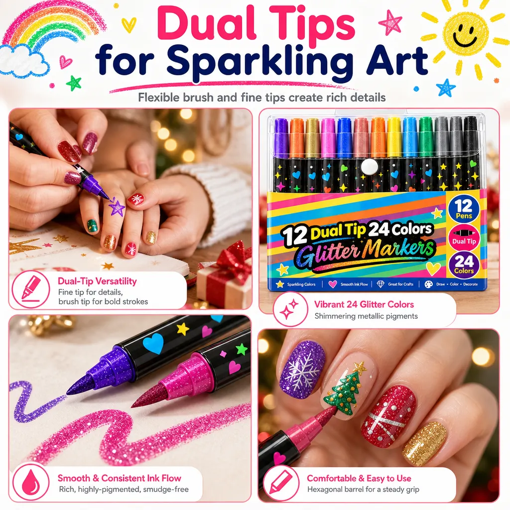 Hexagonal dual tip glitter marker construction