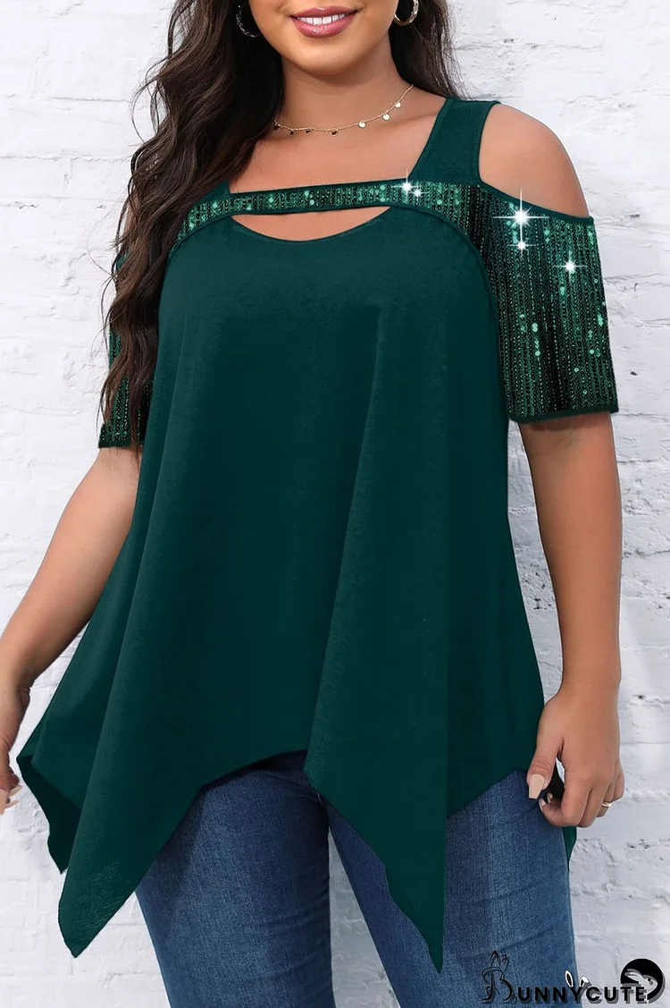 Ink Green Casual Solid Hollowed Out Patchwork O Neck Plus Size Tops