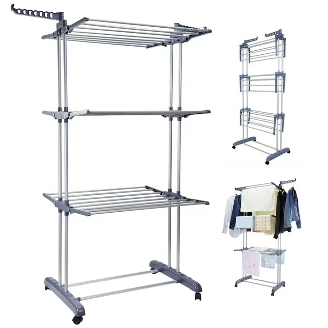 Clothes Drying Rack, 4 Tier Outdoor Laundry Drying Rack, Laundry drying Rack with Foldable Wings Indoor, Gray